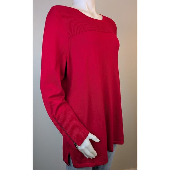 Chico’s Tunic Sweater Large Red Ribbed Yoke Zip Sleeve Split Hem Holiday Chic - Picture 3 of 11